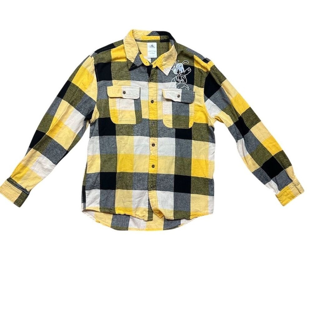 Disney‎ Parks Men's Pluto Main Street USA Yellow Plaid Flannel Shirt Medium